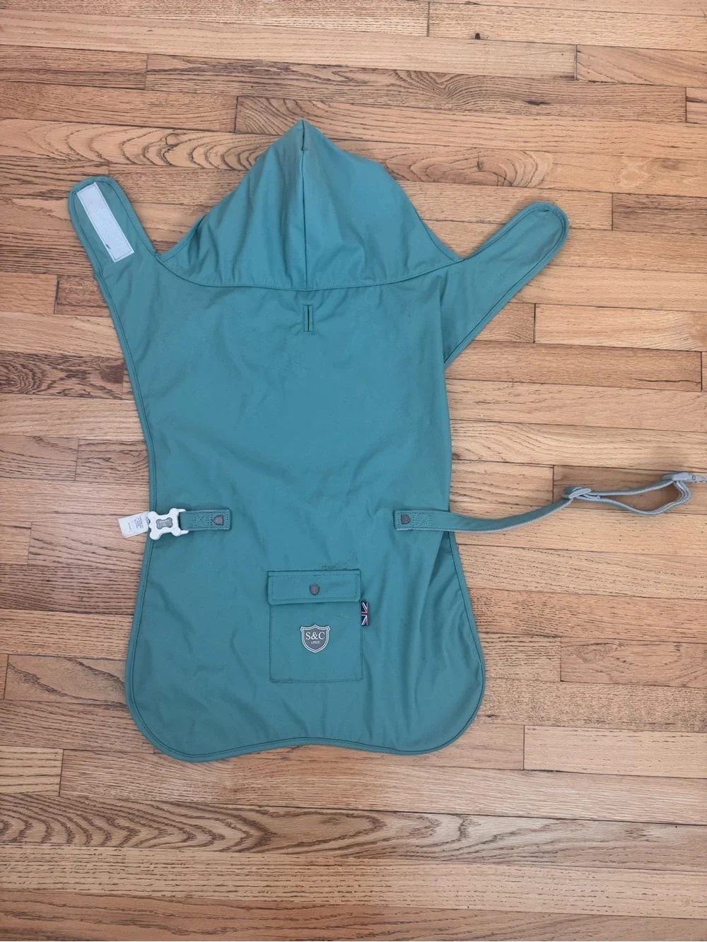Teal Hooded Dog Rain Coat with Secure Straps